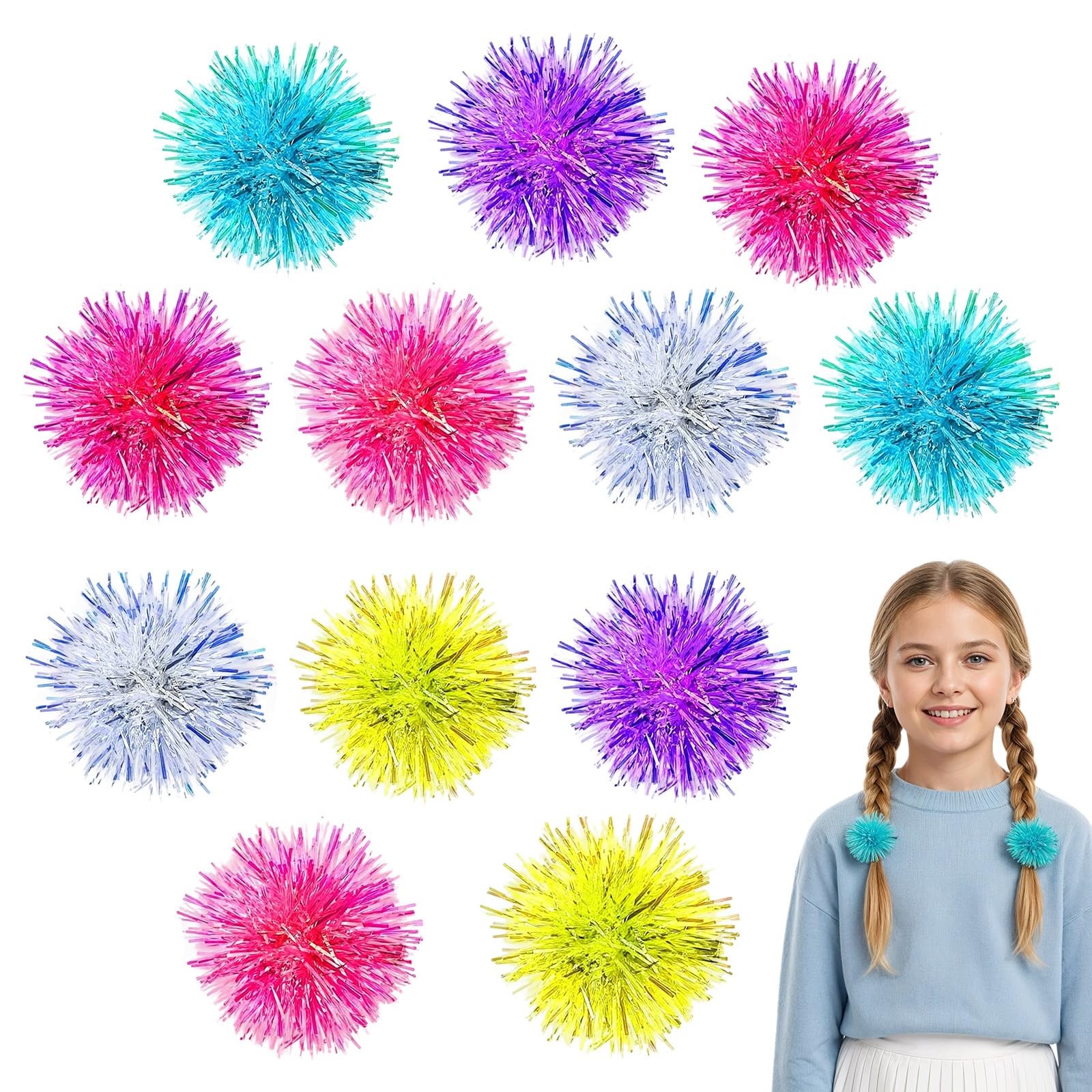 12 PCS Bling Foil Strips Pom Pom Hair Clips Tinsel Fluffy Ties Accessories