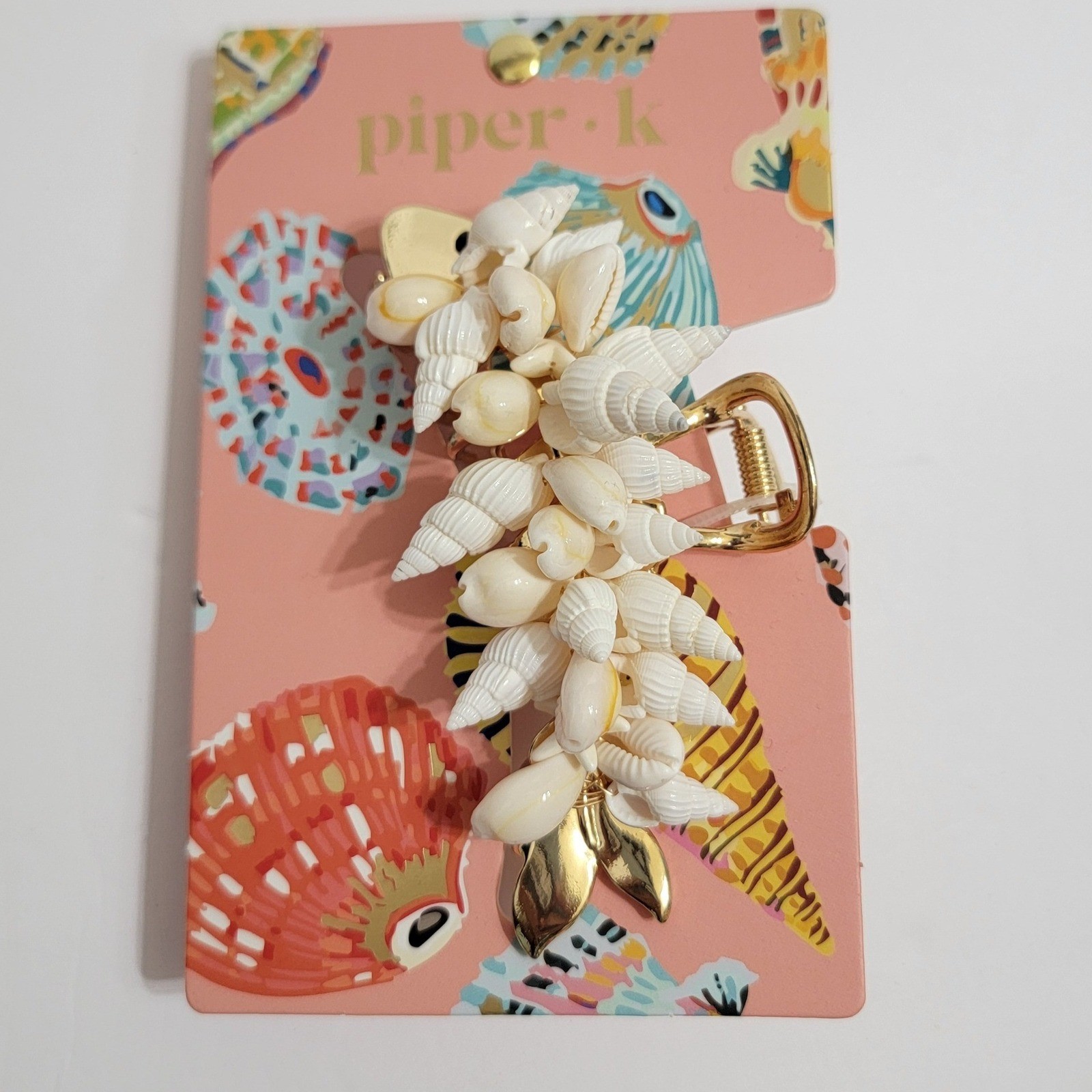 Piper K Fish Claw Hair Clip Gold Tone White Seashells Coastal Beach Nautical