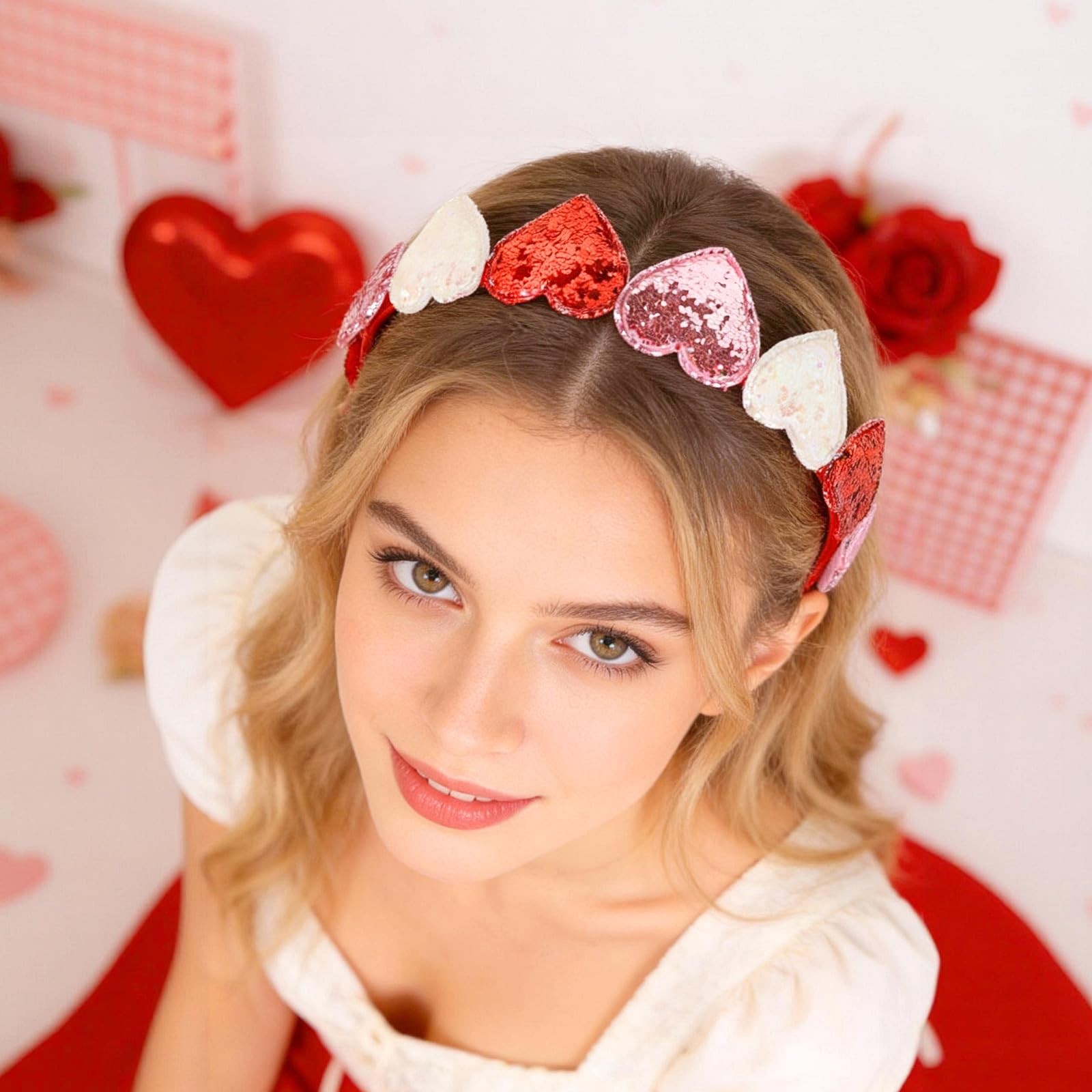 Valentines Day Glitter Hearts Headband Girls Cute Heart Headband Red Pink Cup…