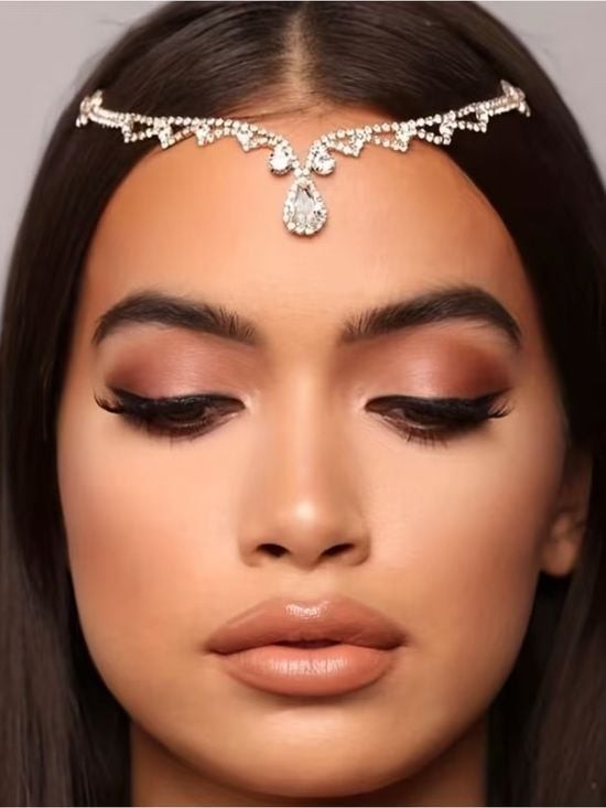 Rhinestone Teardrop Forehead Chain Headpiece – Silver