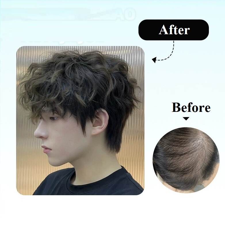 7″x8″Cap Fashion Curl Wavy 100% Human Hair Toupee for Men,with Realistic Whirl