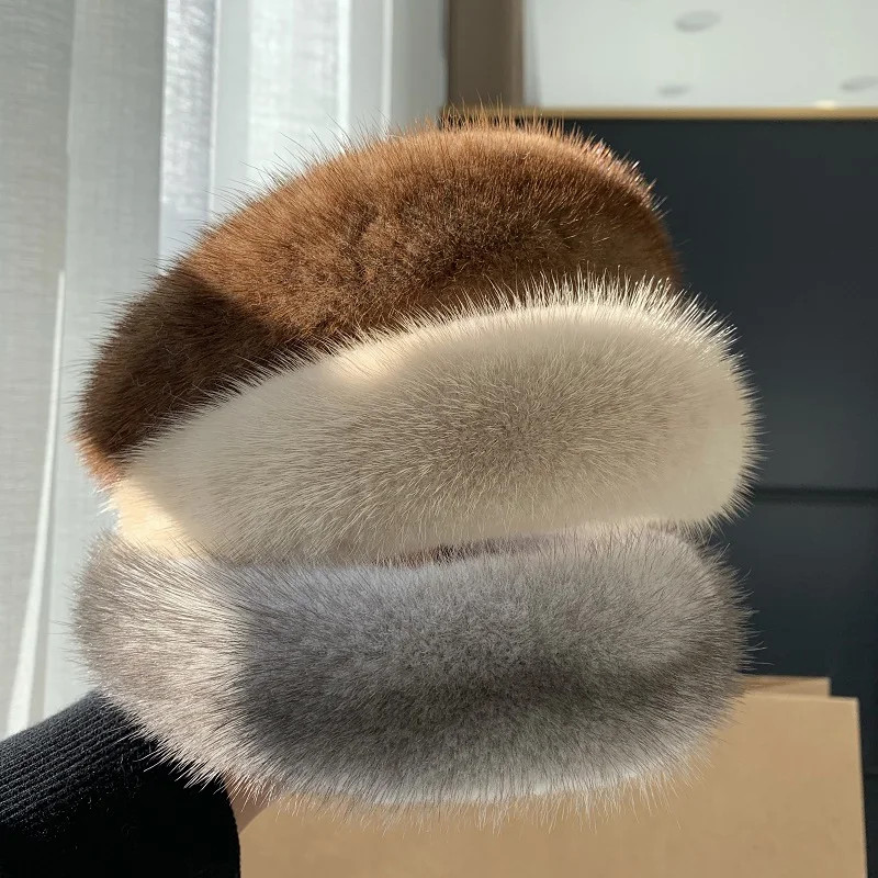 Women Luxury winter Real Mink Fur Fuzzy Headbands Hair Band Hair Hoop Furry T5