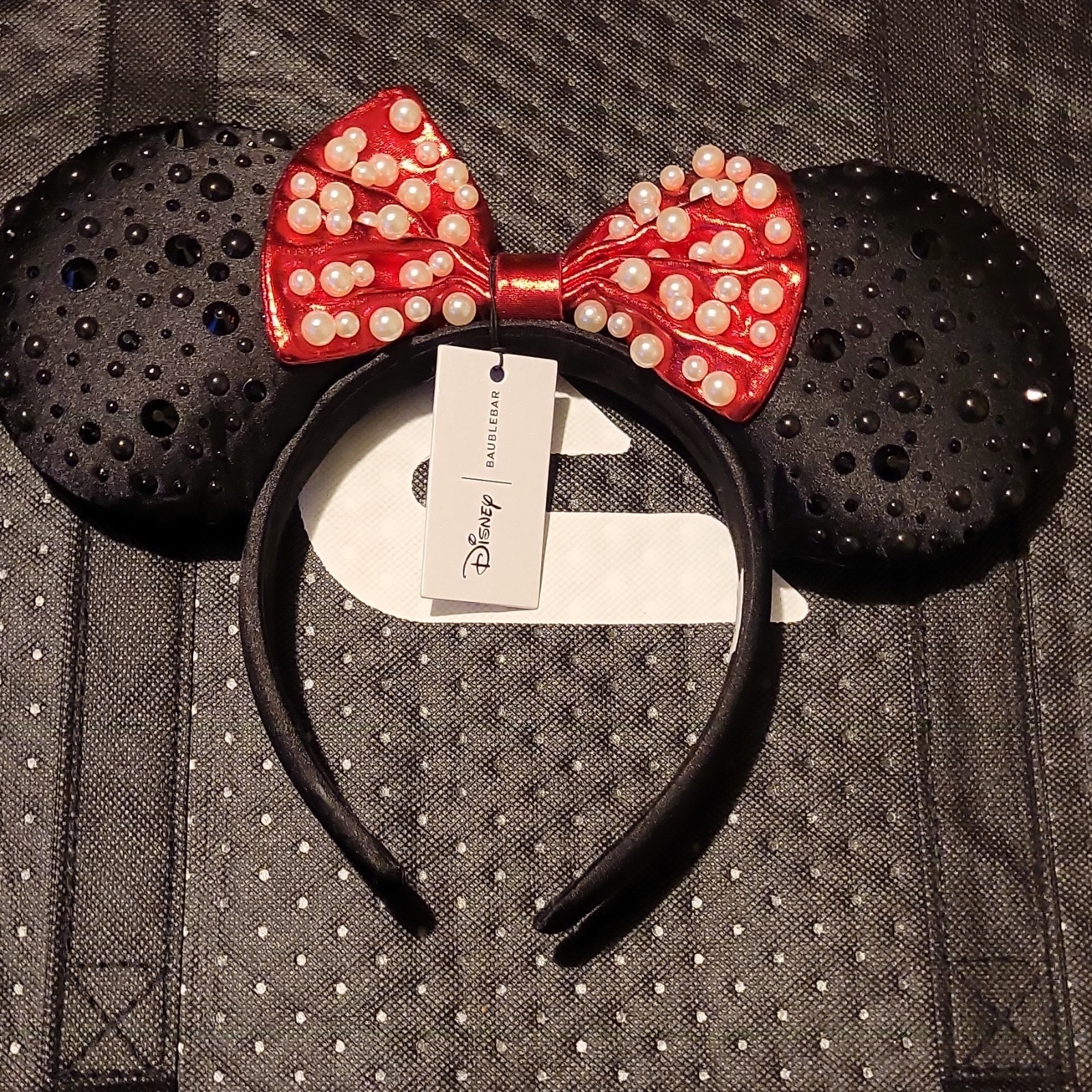 Disney Minnie Mouse Ears Headband Padded Black Ears Red Faux Pearl Bow