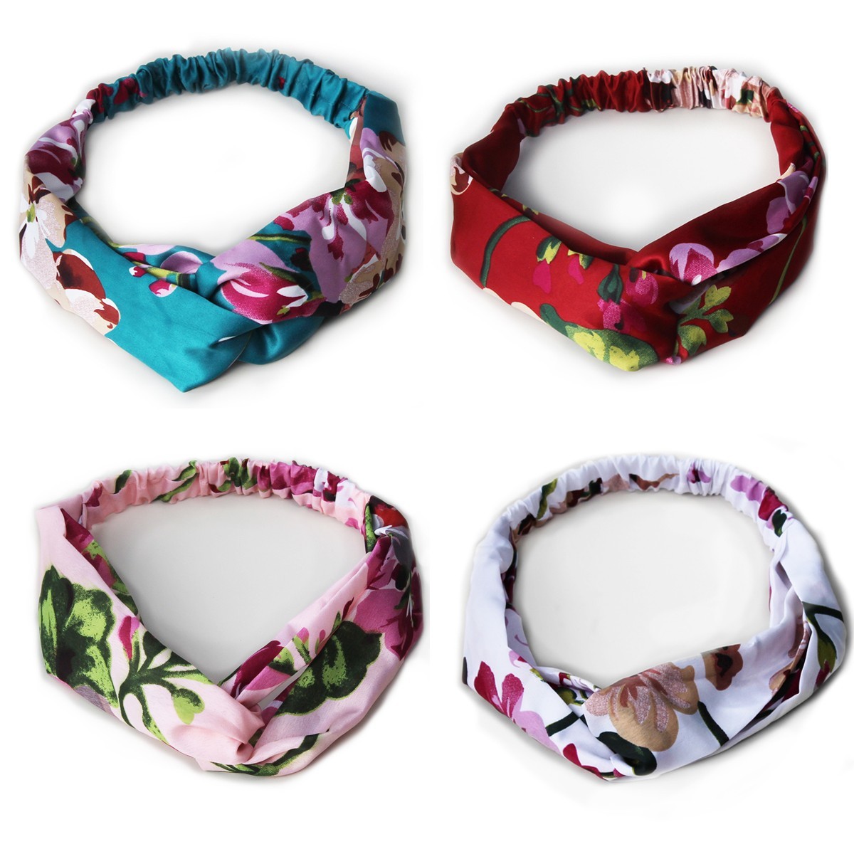 Knotted Floral Headbands 4-Pack Satin Chiffon Pink Red White Blue-Green