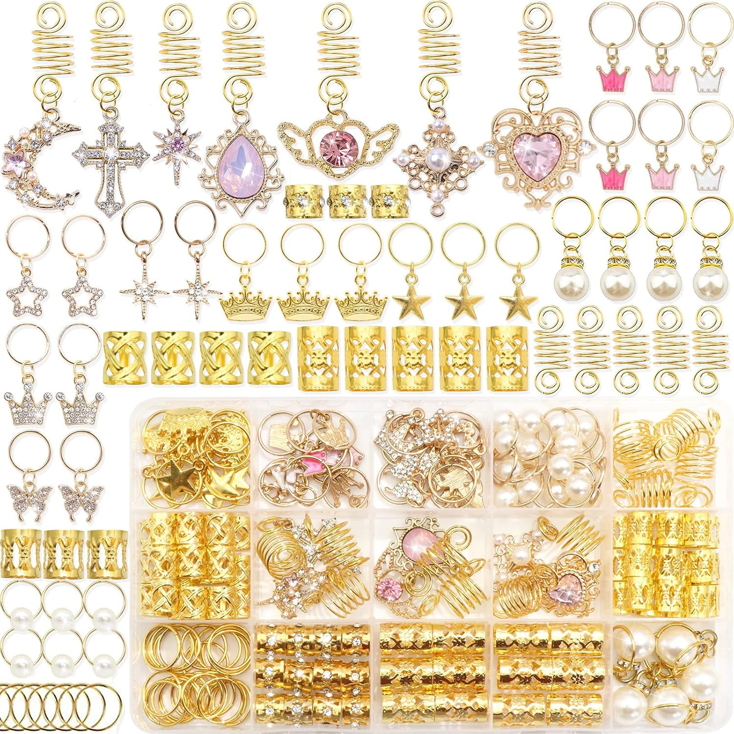 156Pcs Pink Crystal Loc Dreadlocks Jewelry Gold Hair Jewelry for Braids Multi Sh