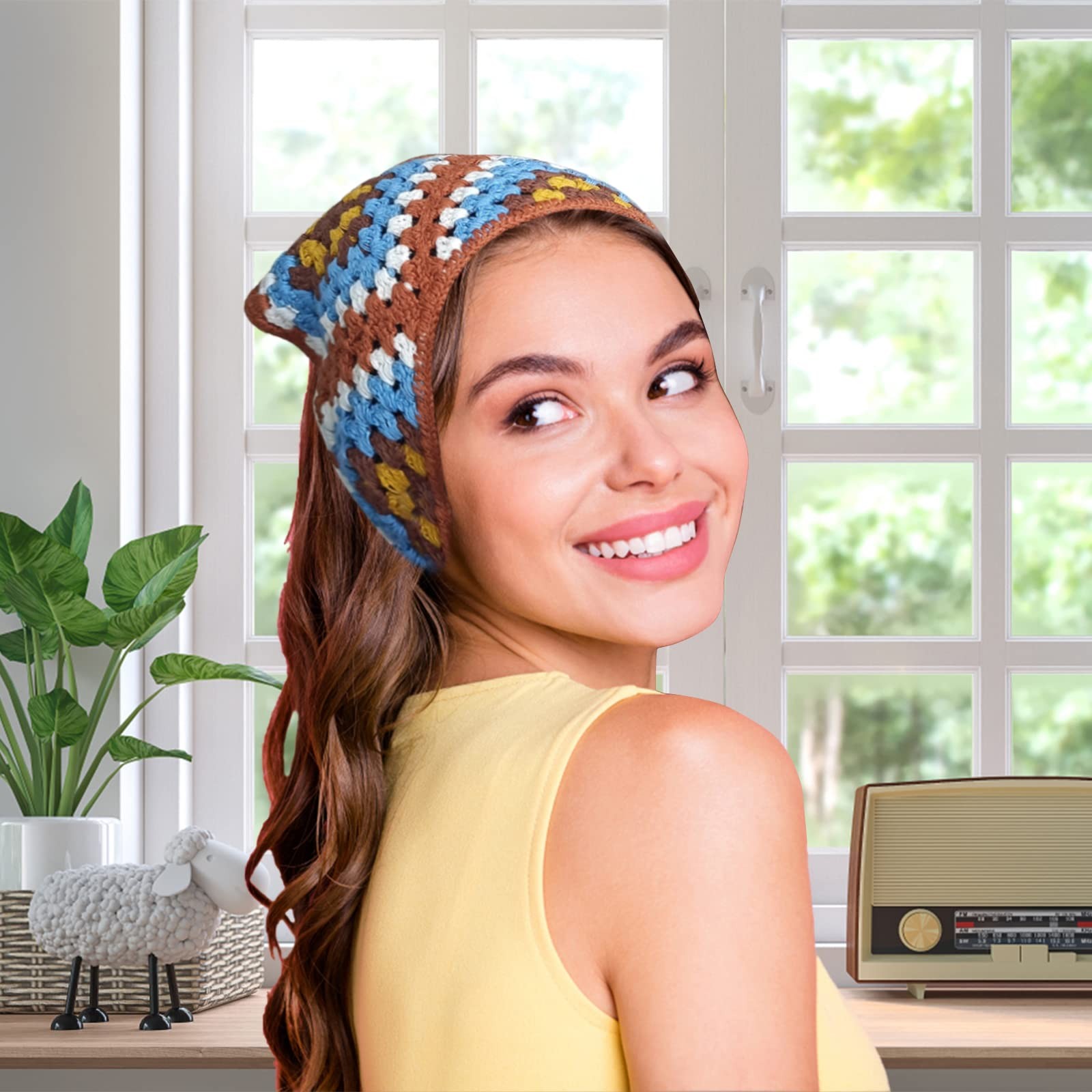 2 Pcs Crochet Hair Bandana Floral Scarf Boho Head Kerchief Coffee/Blue