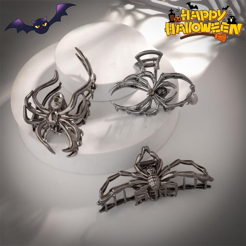 3 PCS Halloween Spider Hair Claw Clips Gothic Black Metal Pearl Black Gun