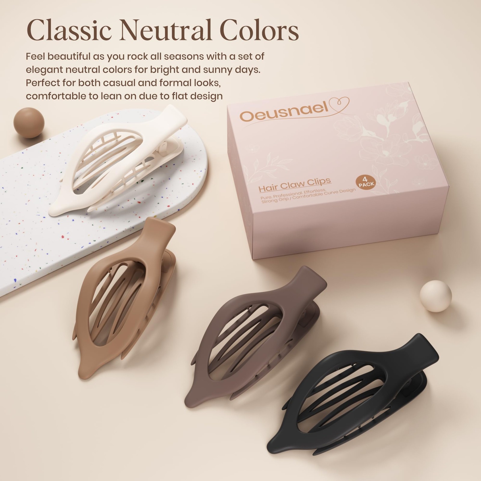 Oeusnael 4 PCS Large Flat Hair 1 Count (Pack of 4), Neutral (4 Pieces, Large)