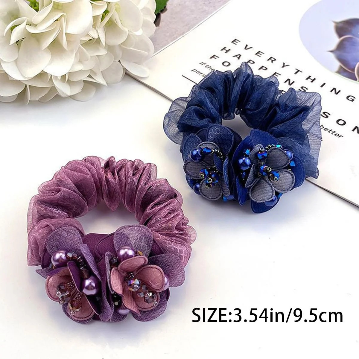 4 PCS Flower Hair Scrunchies for Women Rhinestone Elastic Hair Bands, Ponytail H