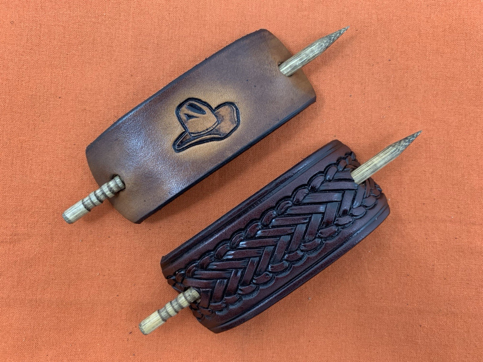 2 Leather Hair Barrettes w Sticks, Ponytail, Cowboy Hat, Handcrafted #303