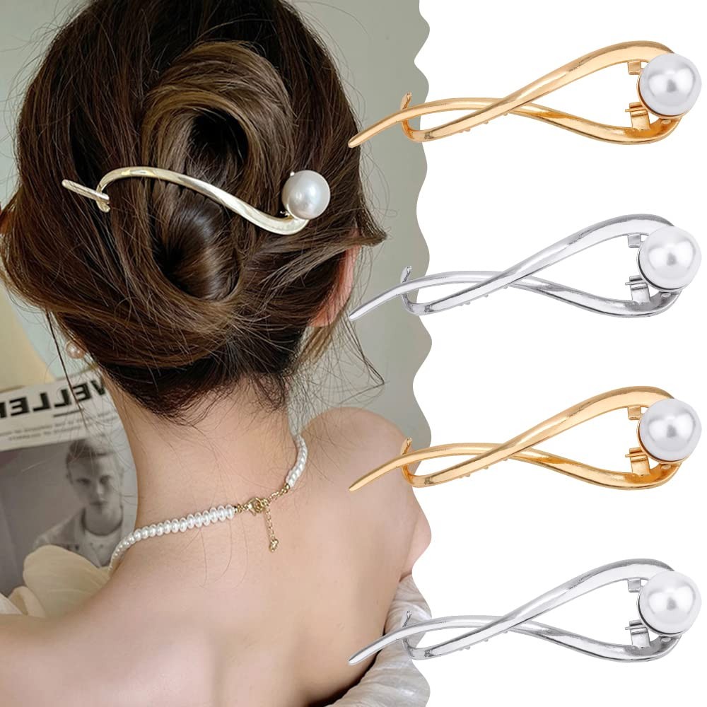 Ahoney 4 Pcs Pearl Barrettes for Women – 4.2 French 4 Count (Pack of 1), Gold