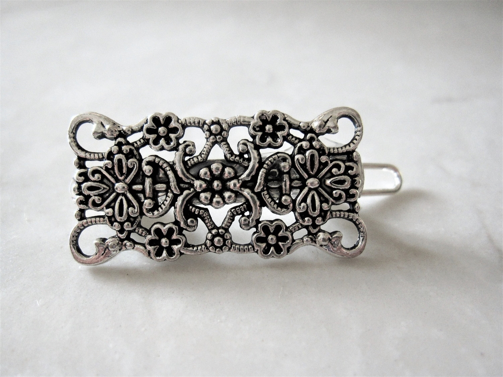 Small or medium silver metal filigree hair pin clip barrette for fine thin hair
