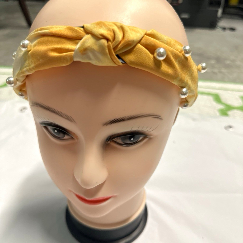 Yellow Fabric Padded Knotted Headband with Pearl Accents, Solid Classic
