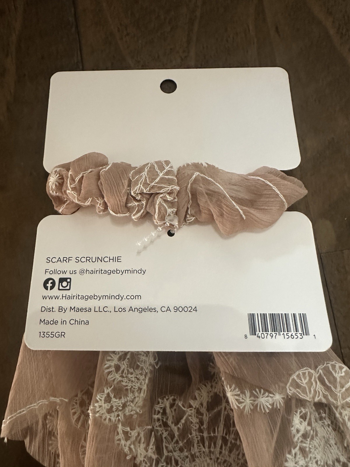 Heritage tan nude/cream embroidered bow hair scrunchie new boho hair tie