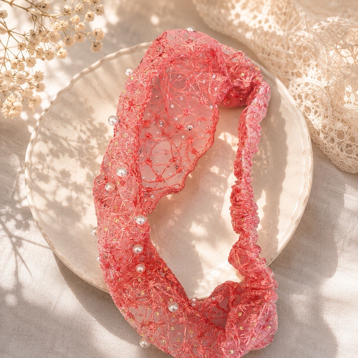 Women’s Pink Floral Lace Pearl Accents Stretch Headband Wedding Hair Accessory