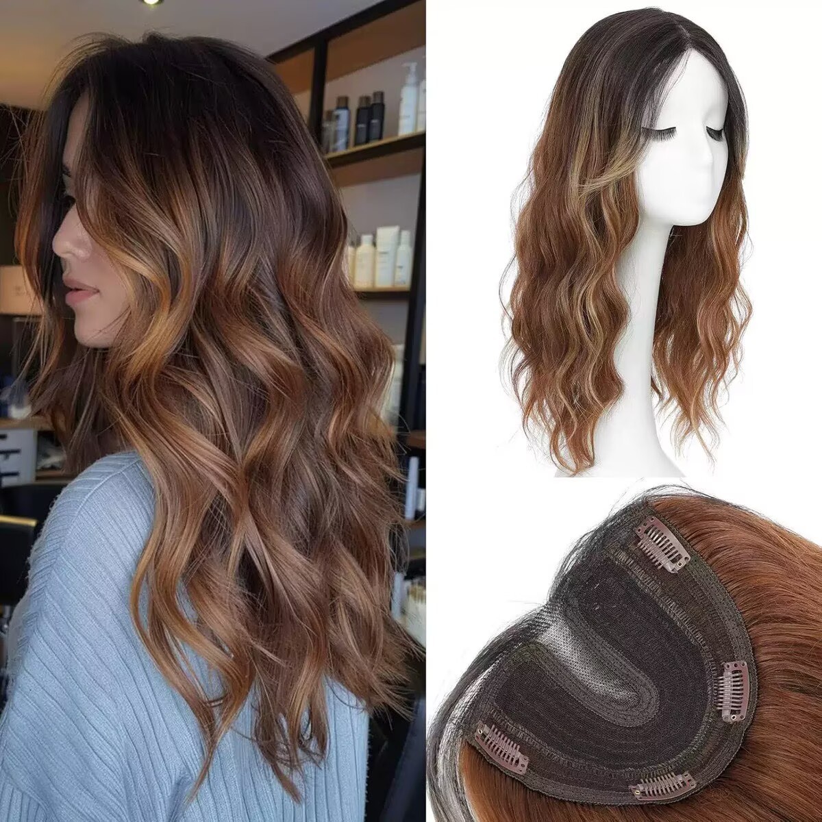 6.5″x5.5″Lace Frontal Wave Synthetic Hair Topper for Women Clip in Ombre 20″