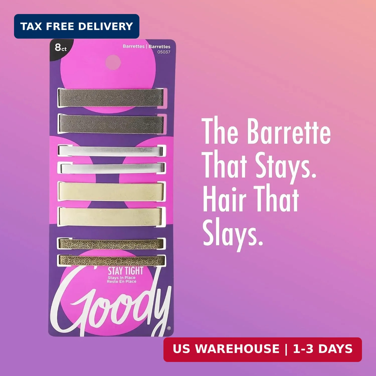 Goody Stay Tight Hair Barrettes – 8 Ct, Assorted Metallic Colors, Non-Slip Flat