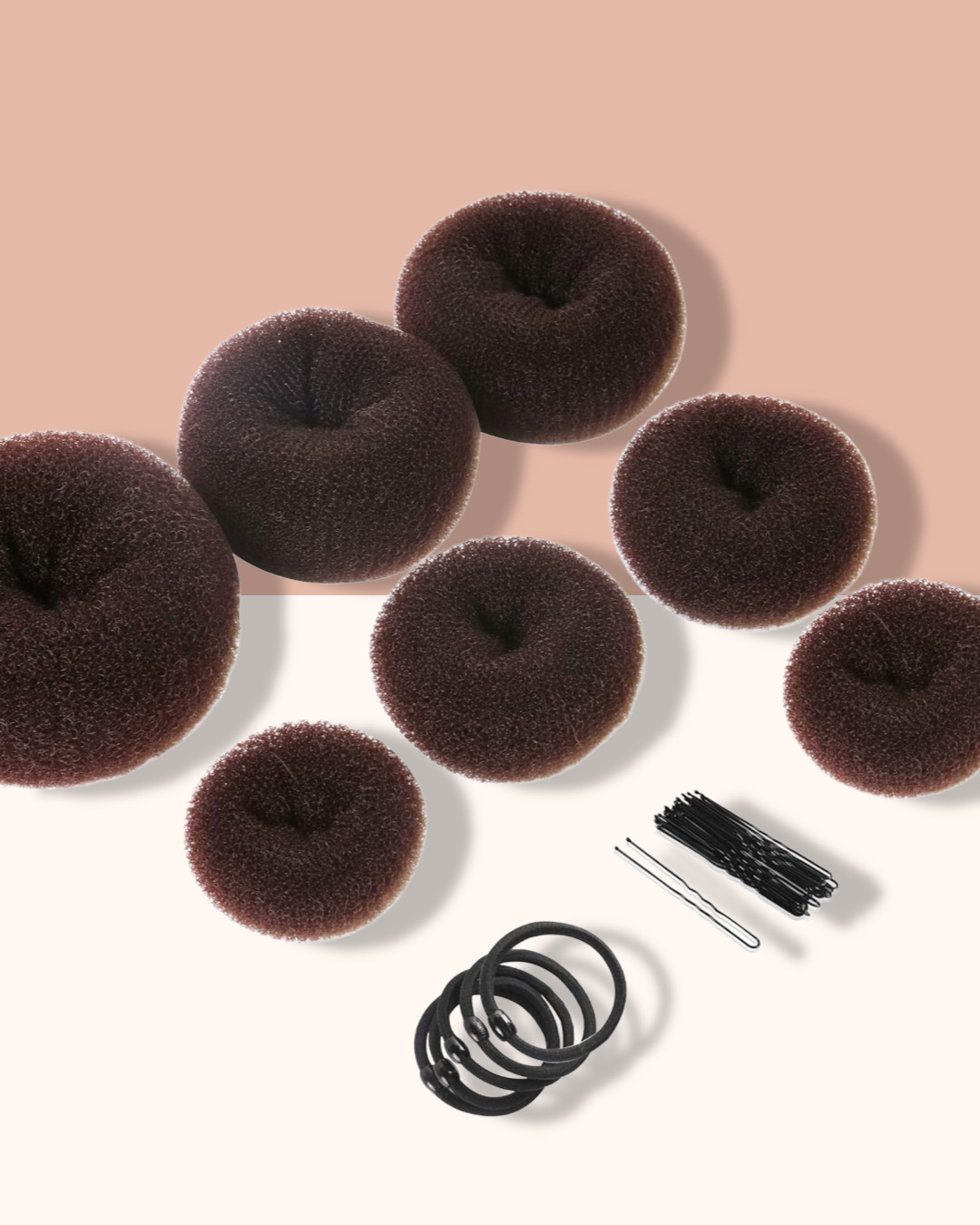Donut Hair Bun Maker Set 7 Rings 5 Elastic Bands 20 Hair Pins Dark Brown