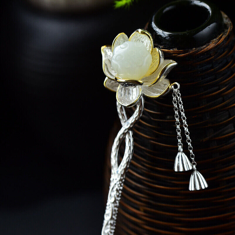 S925 Silver Chinese Hetian Jade Lotus Hairpin Hanfu Hair Stick Retro for Women