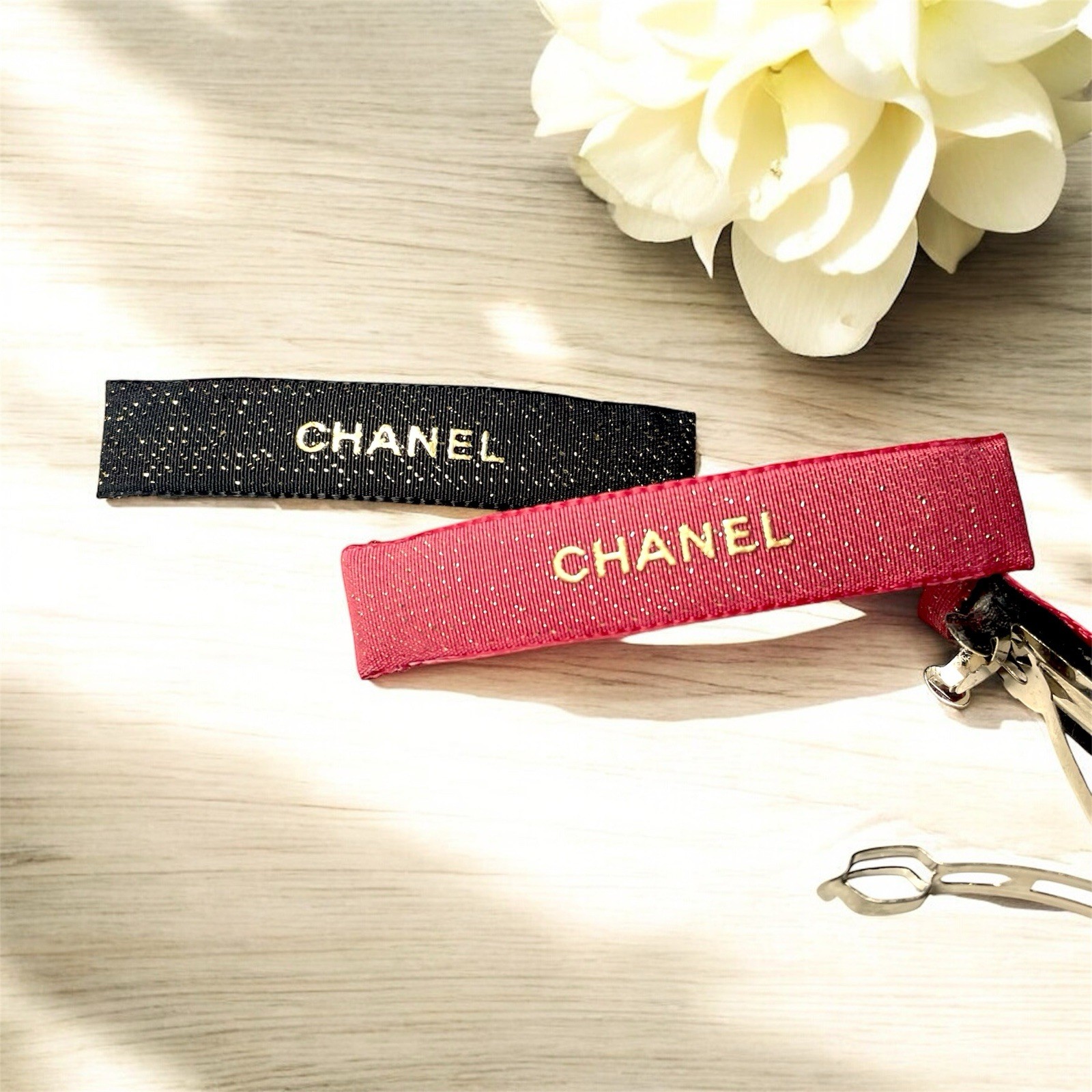 Chanel Christmas Red and Gold, Black And Gold metallic glitter ribbon gift