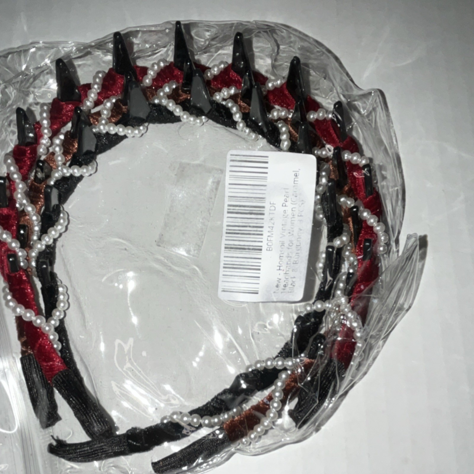 Homeoil Vintage Pearl Headbands Solid Pattern Caramel Black Burgundy 3 PCS Women