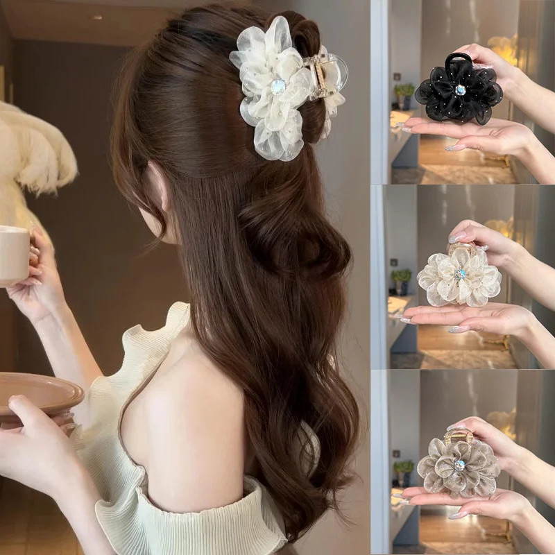 1/2/3Pcs Elegant Mesh Flower Rhinestone Hair Clip for Woman Korean Style Shark C