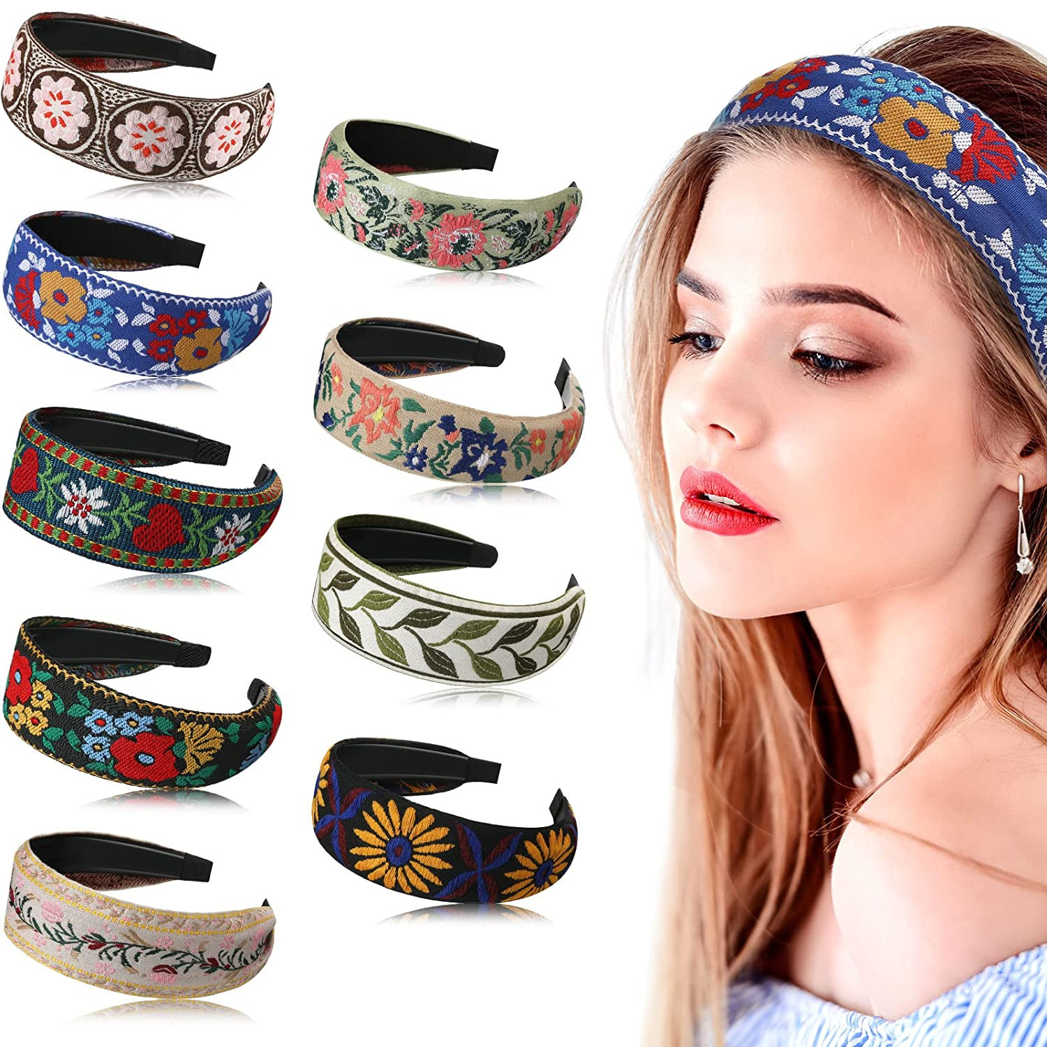 9 Pack Embroidery Headband for Women Bohimian Headband Vintage Style Hair Bands