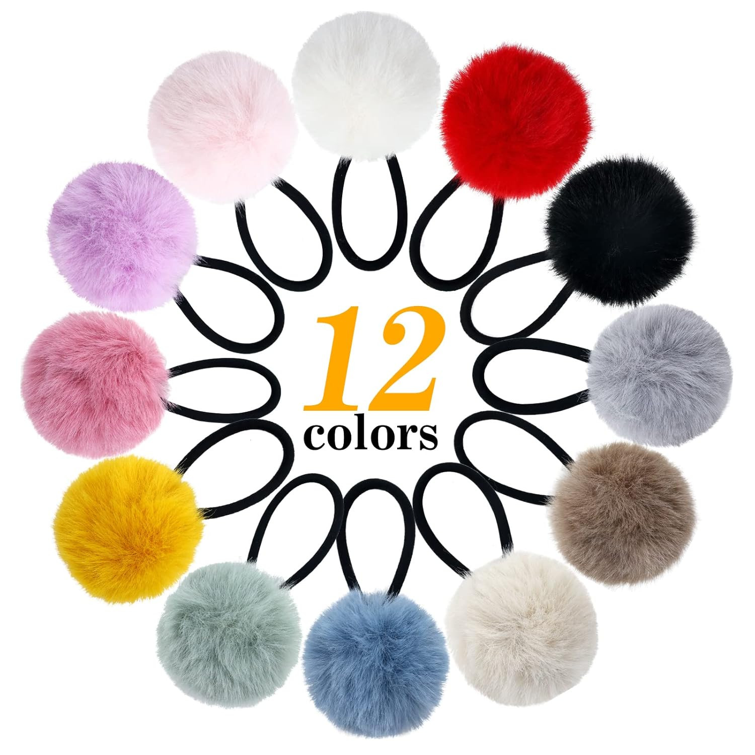 24 Pack Candy Colors Cute Fuzzy Pompom Hair Ties Scrunchies Pom Pom Elastics Pig