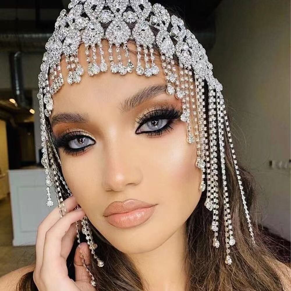Women Headdress Tassel Hair Chain Headwear Dance Face Mask Dress up Rhinestone