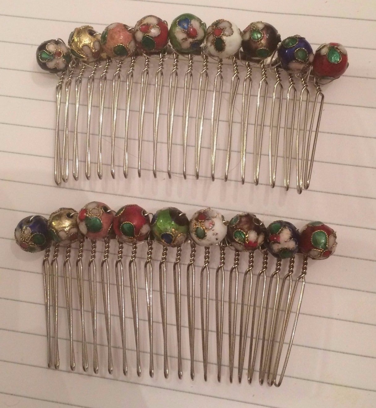 (2) Vintage Red Blue Multi-Color Flora Cloisonne Enamel Bead Metal Hair Combs