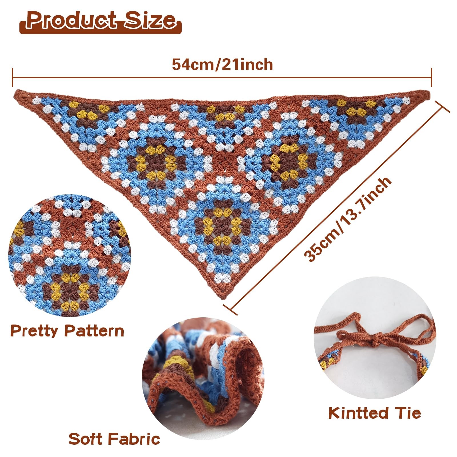 2 Pcs Crochet Hair Bandana Floral Scarf Boho Head Kerchief Coffee/Blue