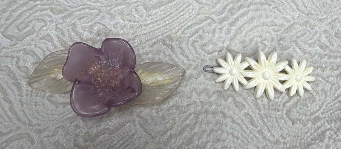 Vintage 1940’s (2) Translucent Acrylic Flower & White Daisy Gorgeous Barrettes