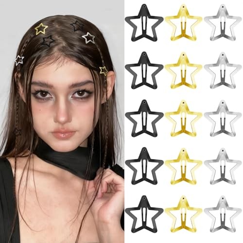 Star Hair Clips 2000s Y2K Black Gold Silver Star 15 P – 1.18″-black,gold,silver