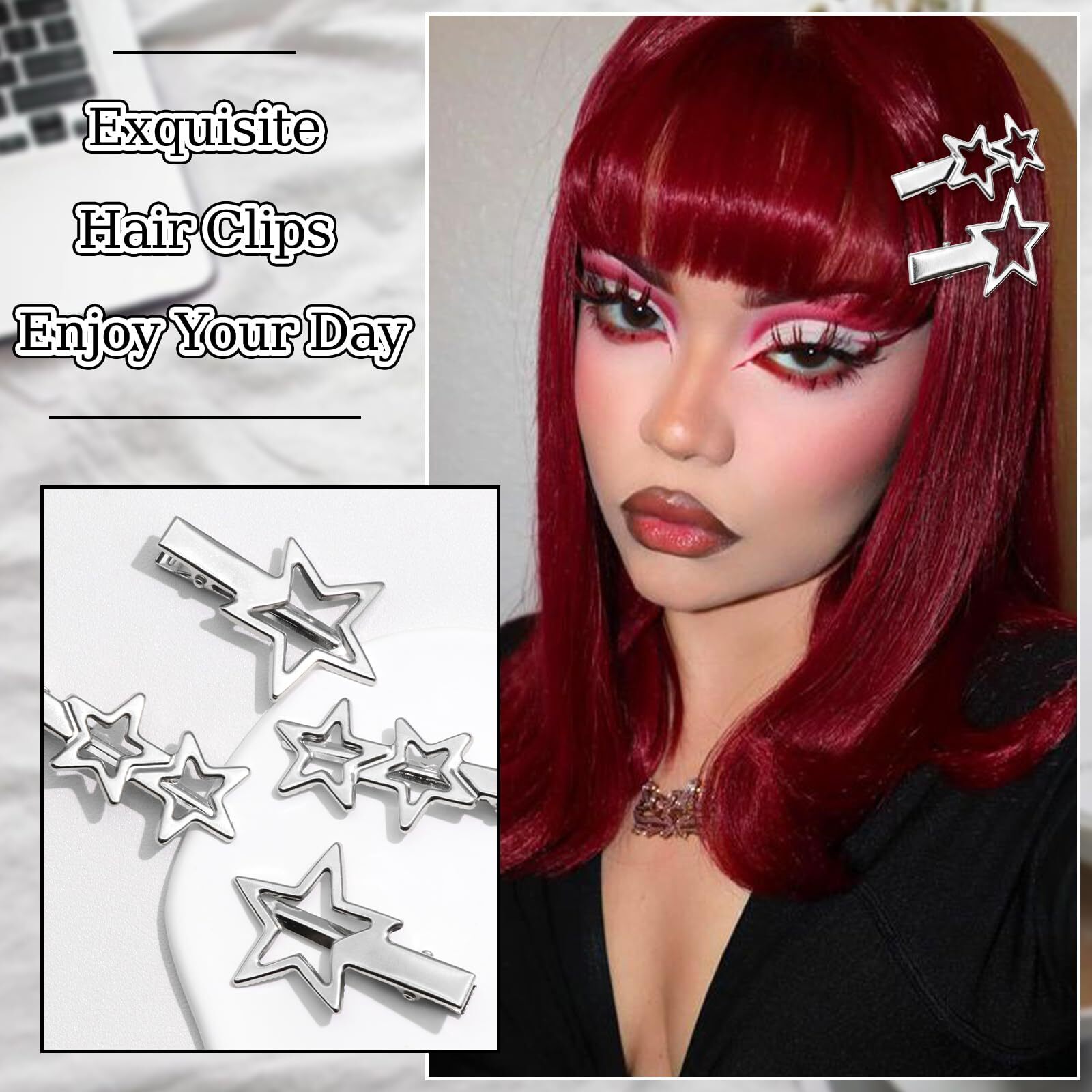 Y2K Star Hair Clips Cute Silver Pentagram Snap Hair Clips Metal Hair Barrette…