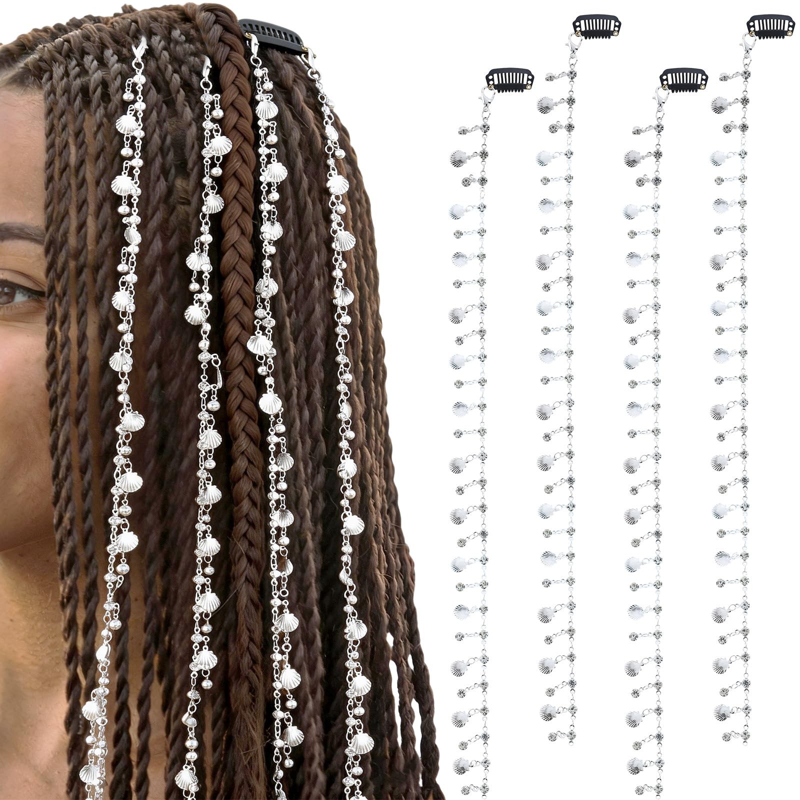 Hair Charms for Braids – 4 Pcs Boho Hair Chain with Shell Pendent Hair Jewelr…
