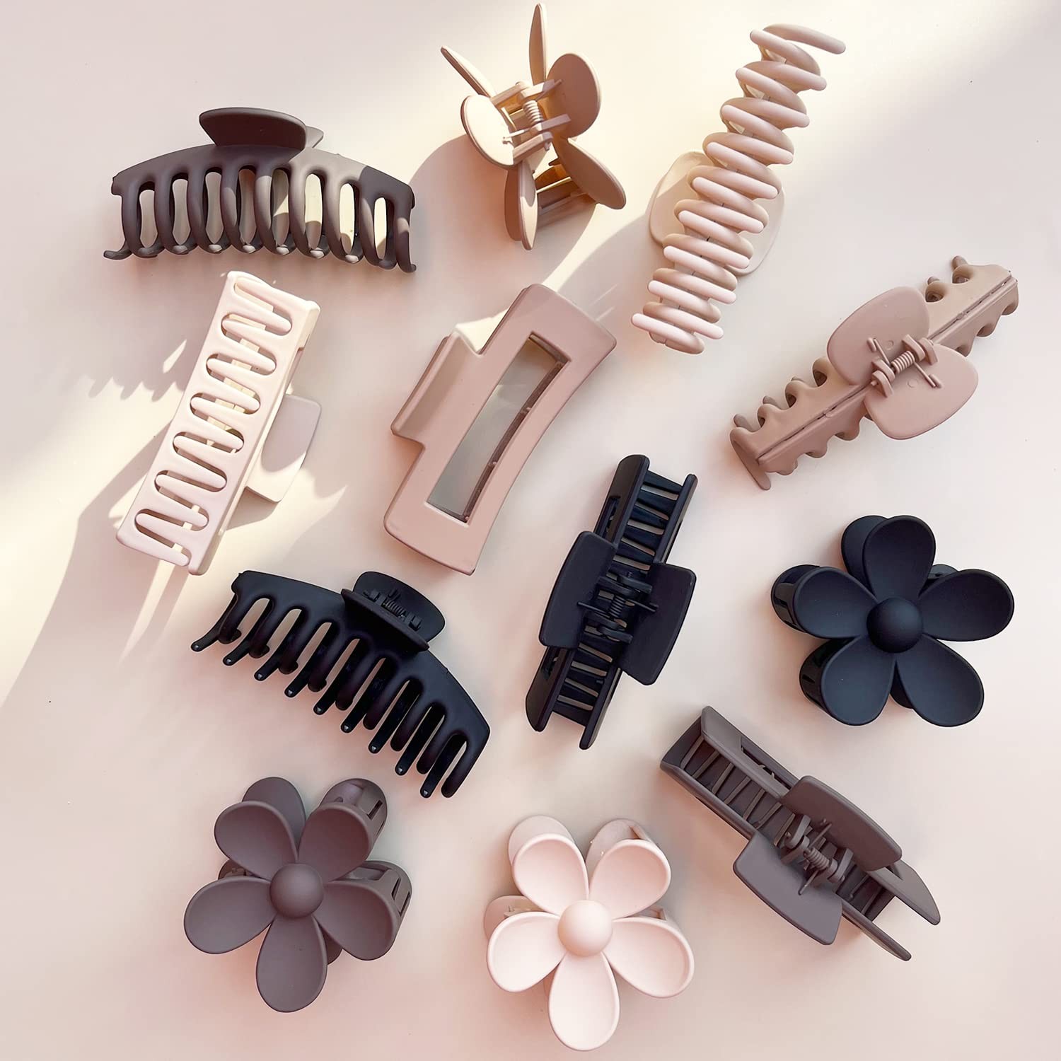 Large Hair Claw Clips 12 12 Count (Pack of 1), Black, Coffee, Khaki, Beige