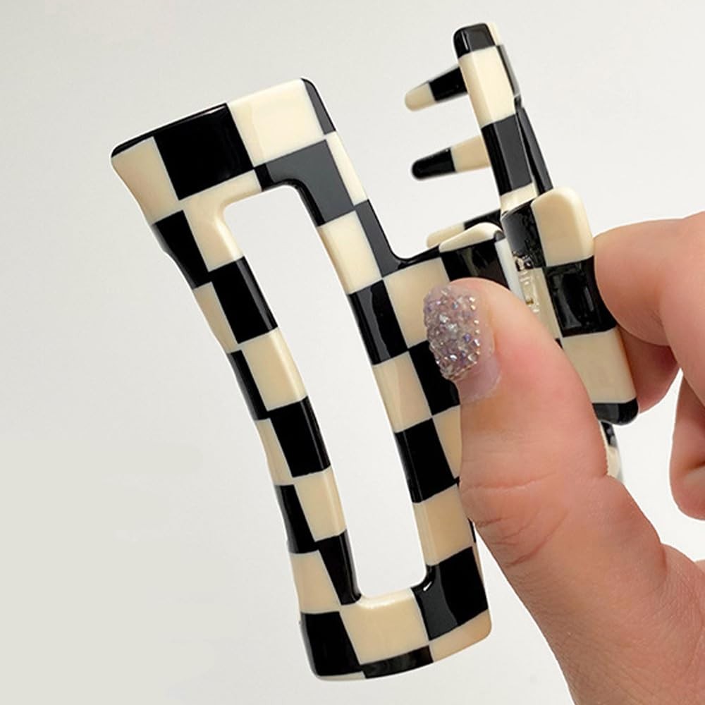 4Pcs Checkered Hair Claw Clips for Women, Large Rectangle Square Black, White