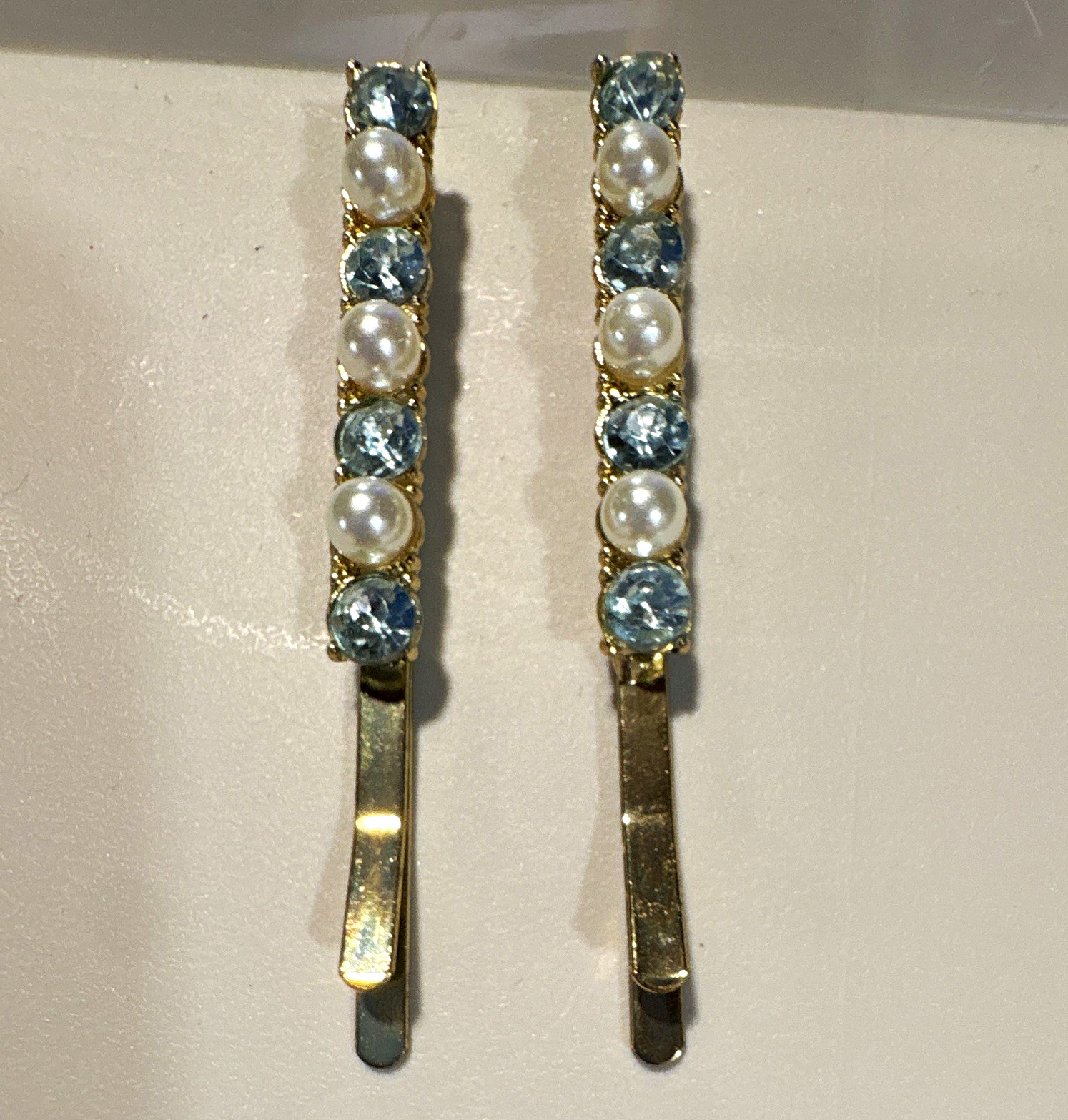 Gold Tone 2pc Bobby Pins Hair Clips Blue Rhinestones Faux Pearls, Blue & White