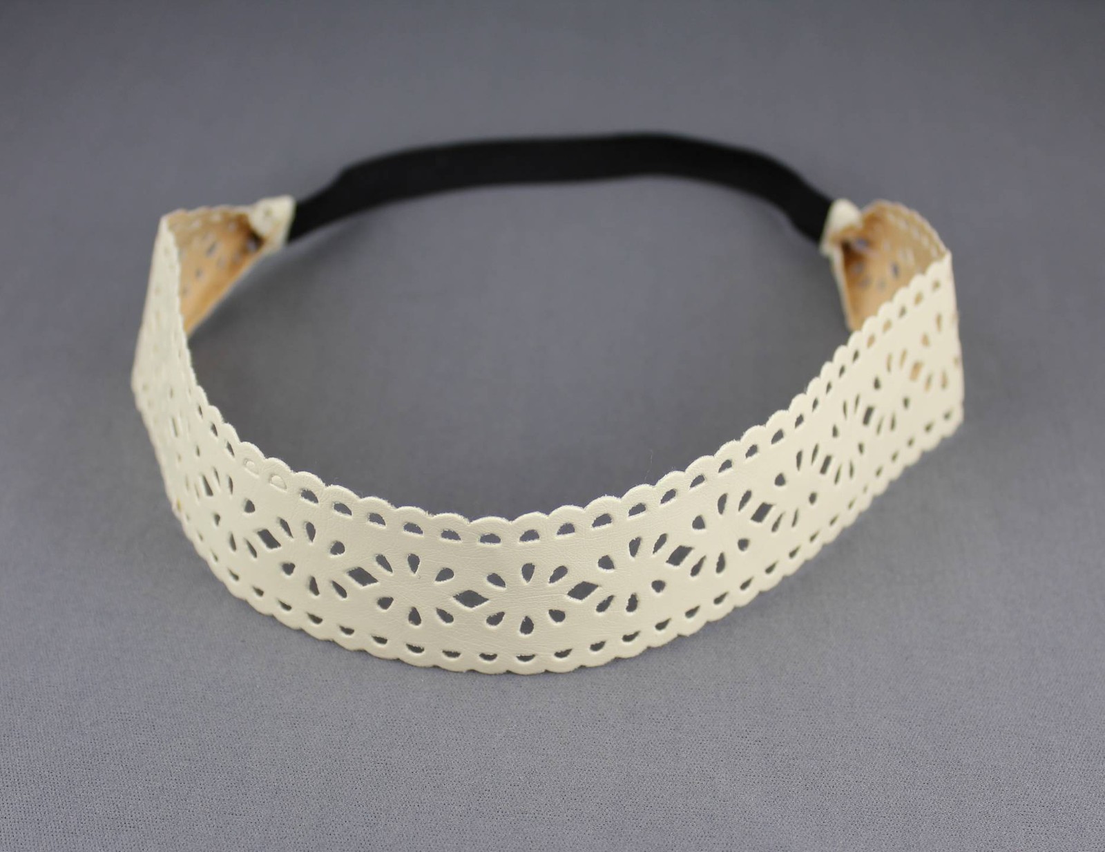 Khaki cut out faux leather stamped pattern stretch headband hair band accessory