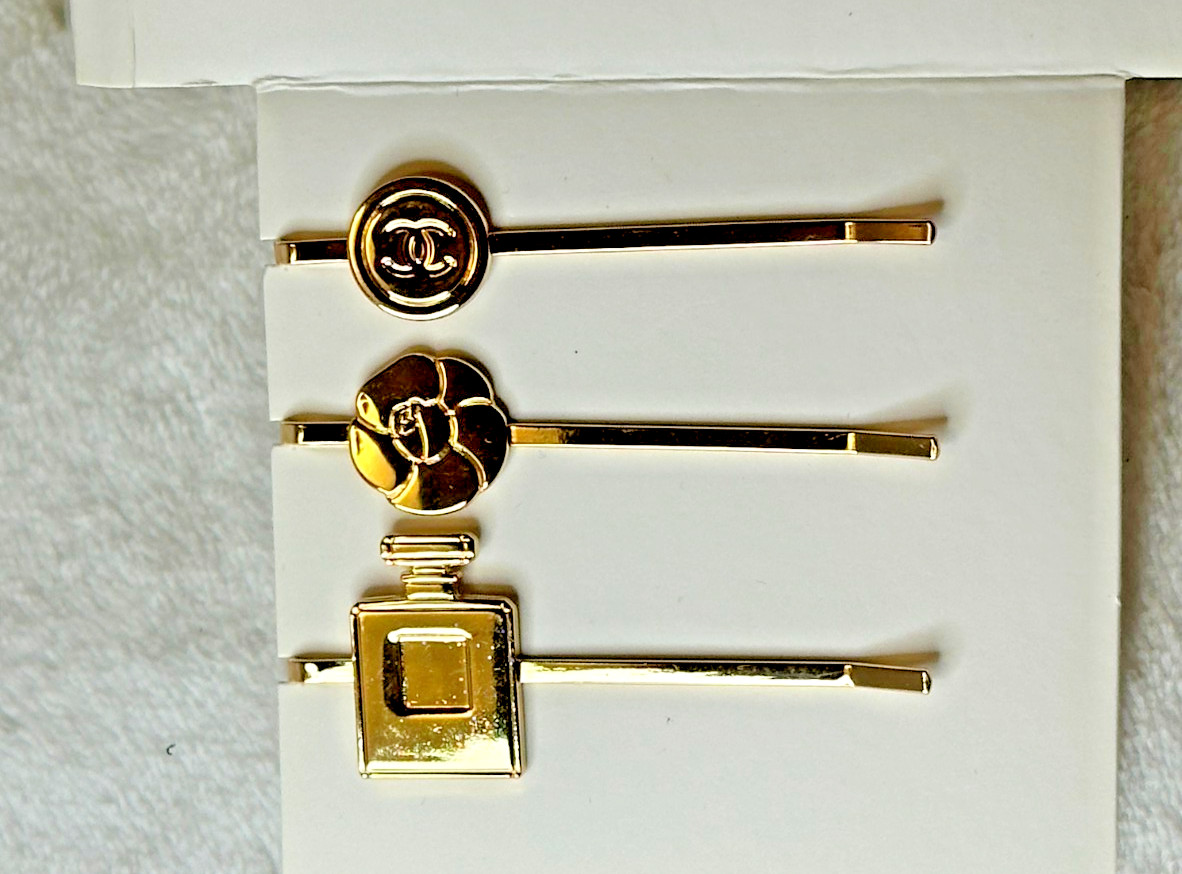 CHANEL ~ Authentic Set of 3 Bobby Hair Pins – Camellia, LOGO and Perfume Bottle