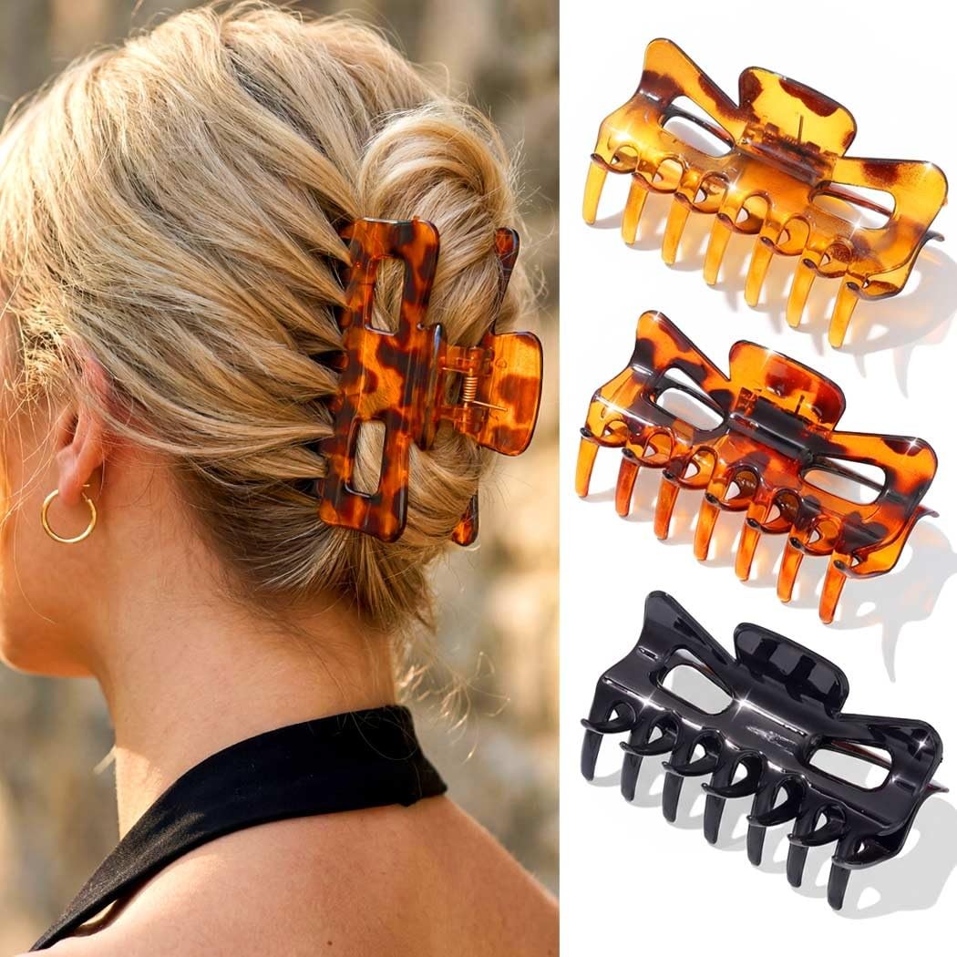 3 PCS French Medium Acrylic Hair Claw Clips 3.4 Inch Tortoise Black Styling