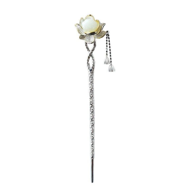 S925 Silver Chinese Hetian Jade Lotus Hairpin Hanfu Hair Stick Retro for Women