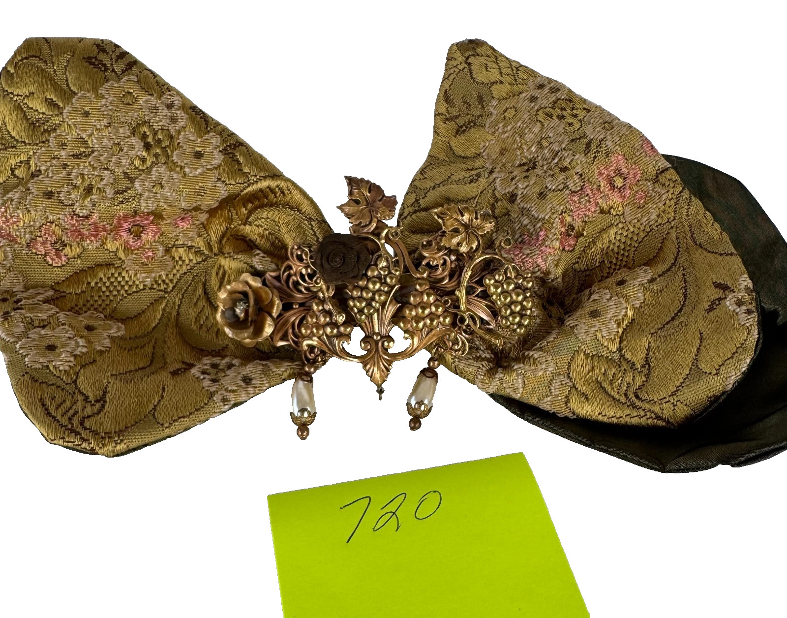 French Designer NWT madein France Vintage Gold Fabric Hair Bow Barrett Accessory