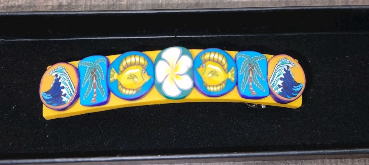 Vintage Barrette Clip Made In France Wave Fish Flowers Hair Blue Teal Yellow