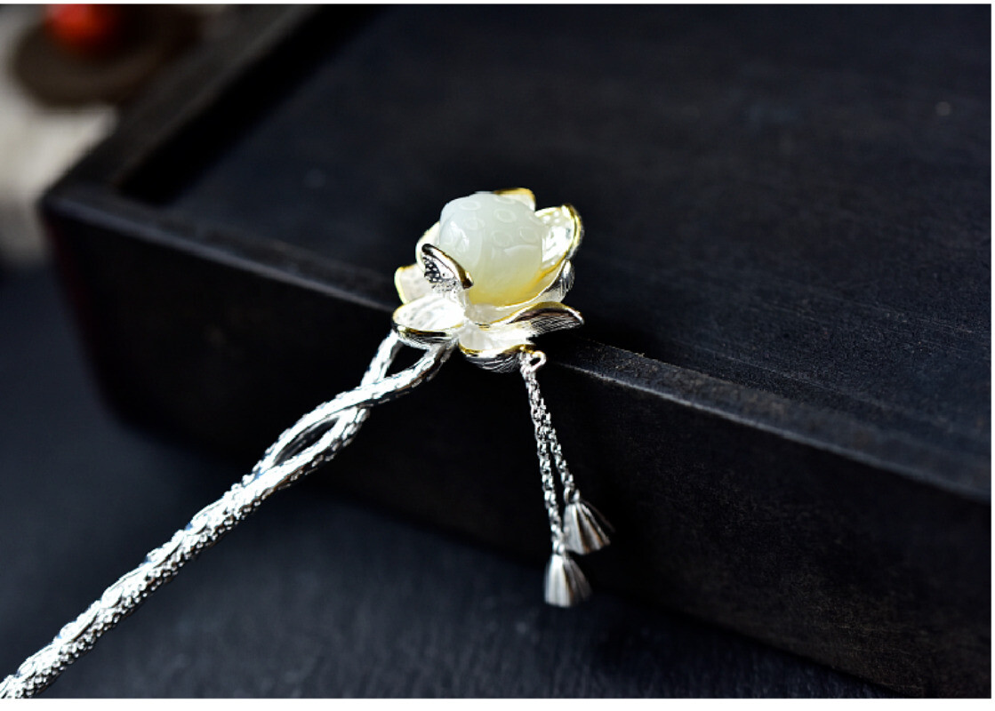 S925 Silver Chinese Hetian Jade Lotus Hairpin Hanfu Hair Stick Retro for Women