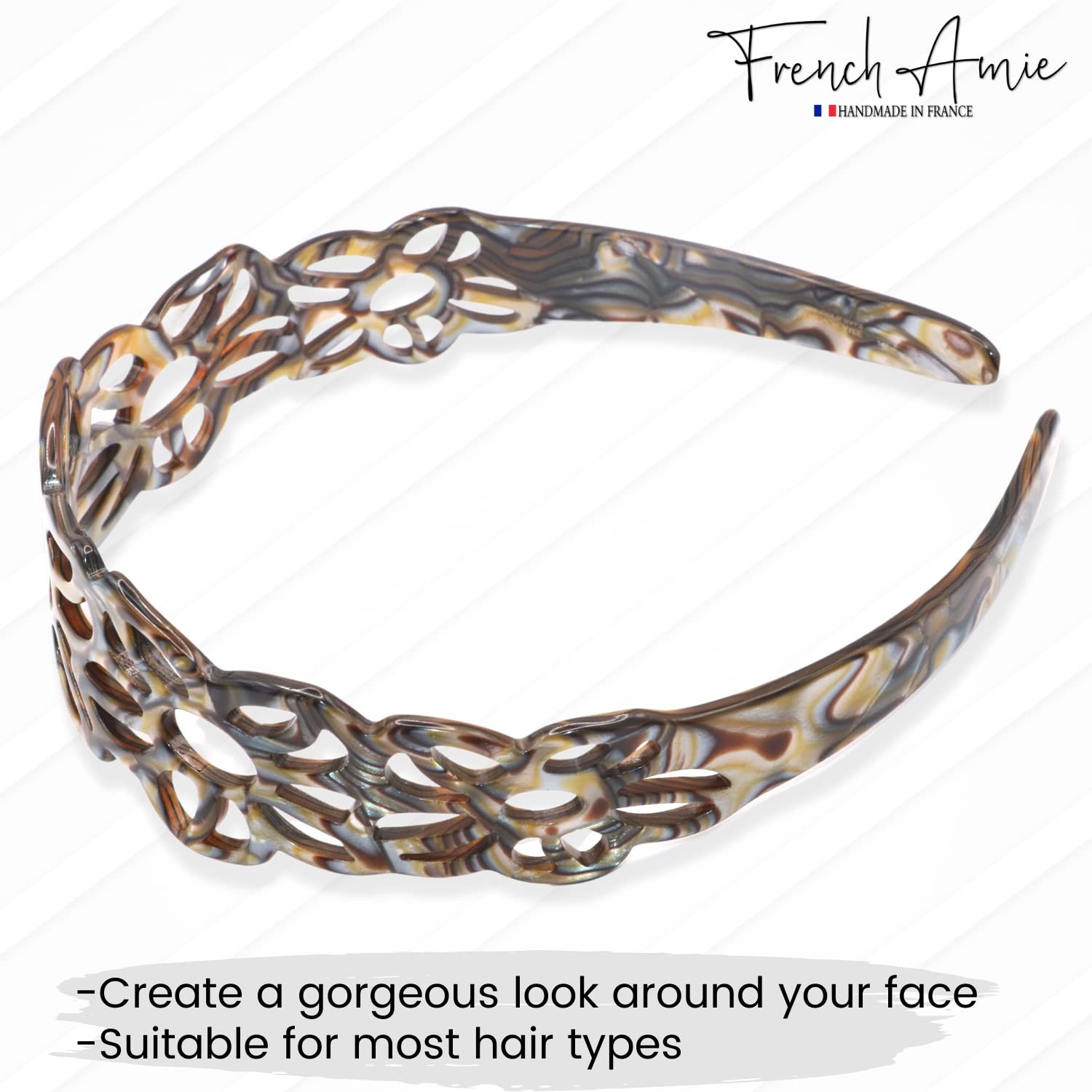 French Amie Flower Wide 1 1/2″ Celluloid Handmade Flexible Headbands