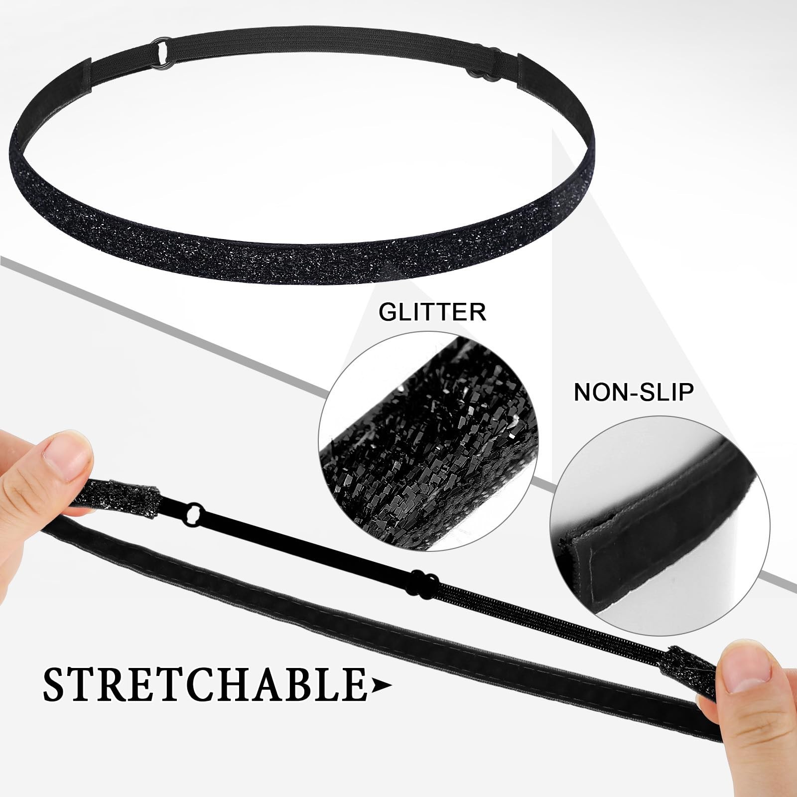 10 Pcs Black Glitter Non-Slip Headbands for Girls – Elastic Sports Velvet Hair A