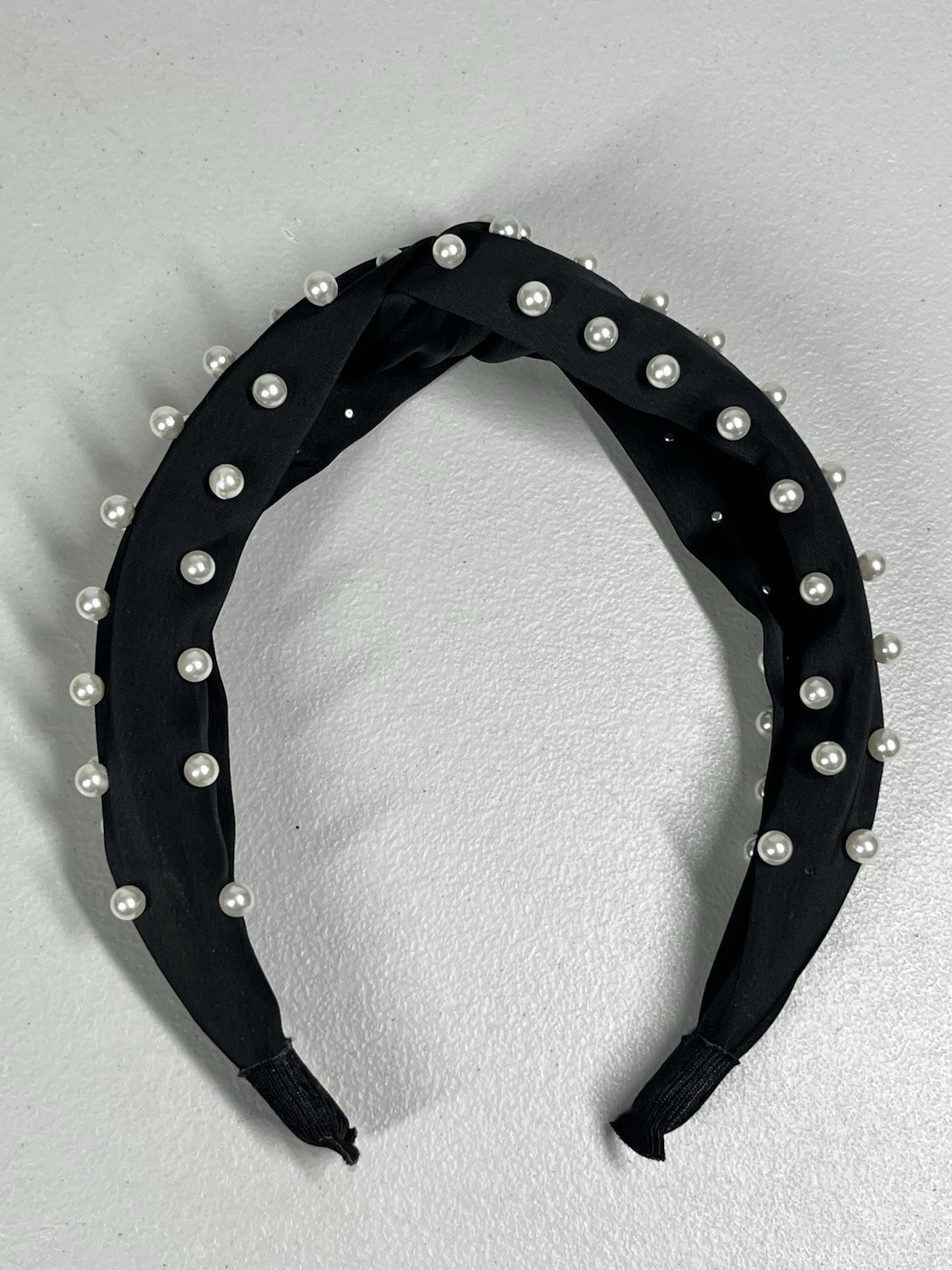 Satin Knot Headband in Black with Faux Ivory Pearls Classic Preppy Formal