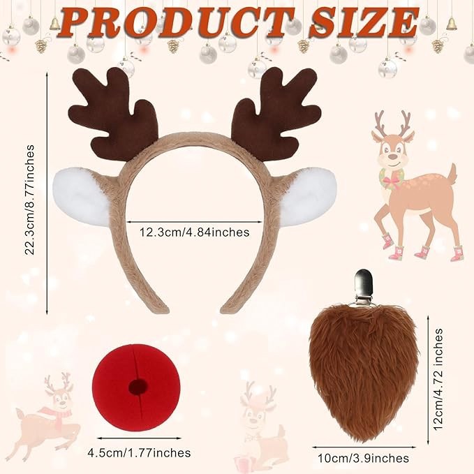 Reindeer Headband Set Antlers Deer Ears Red Nose Christmas 3PCS