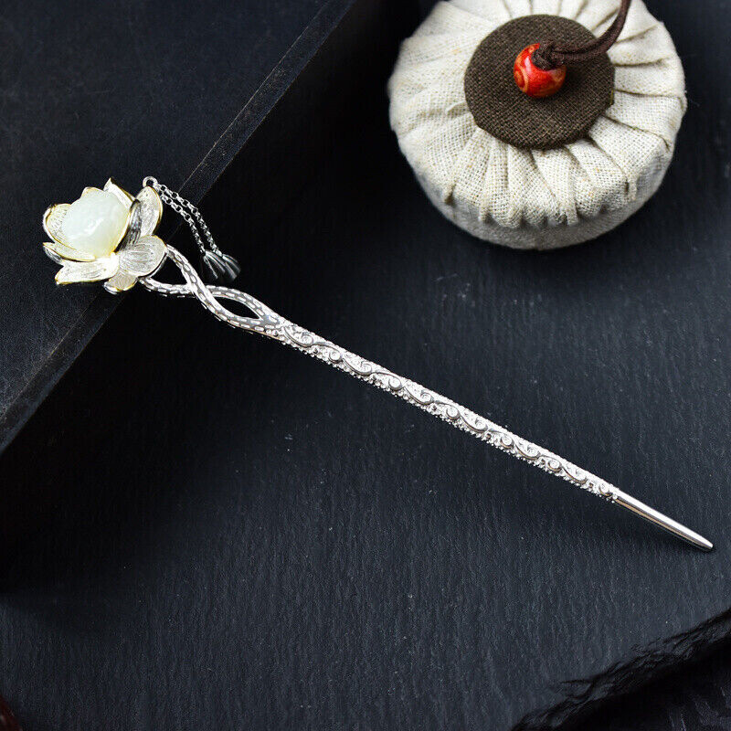 S925 Silver Chinese Hetian Jade Lotus Hairpin Hanfu Hair Stick Retro for Women